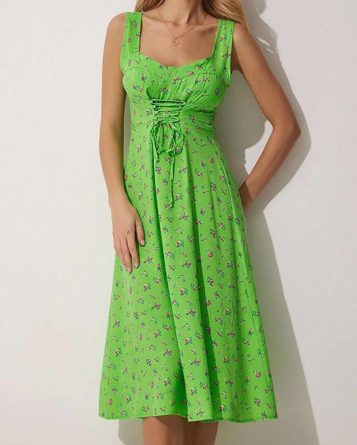 لباس تابستانی ویسکوز یقه زیر گلدار سبز  زنانه